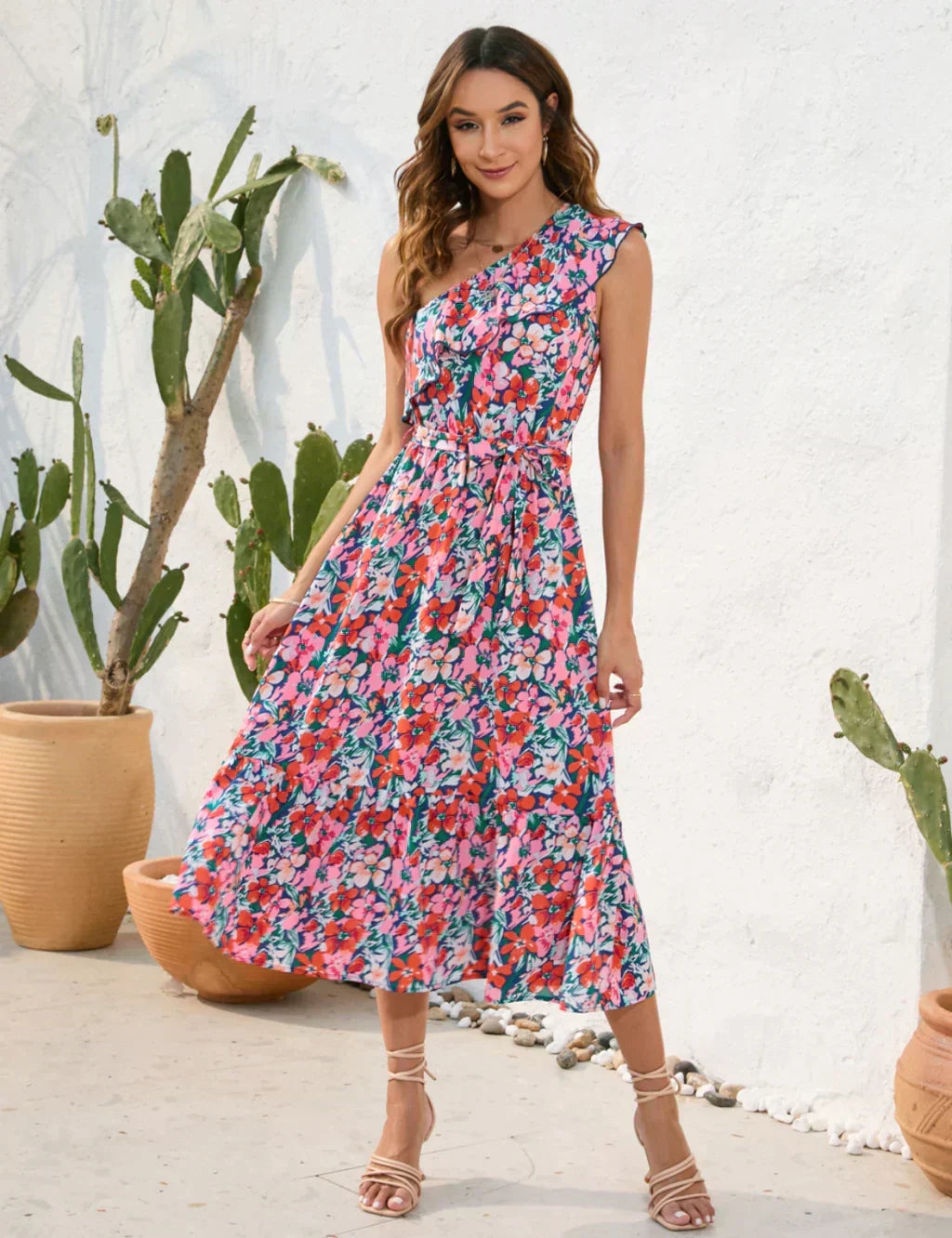 Floral Print One-Shoulder Ruffle Tiered A-Line Midi Dress 2