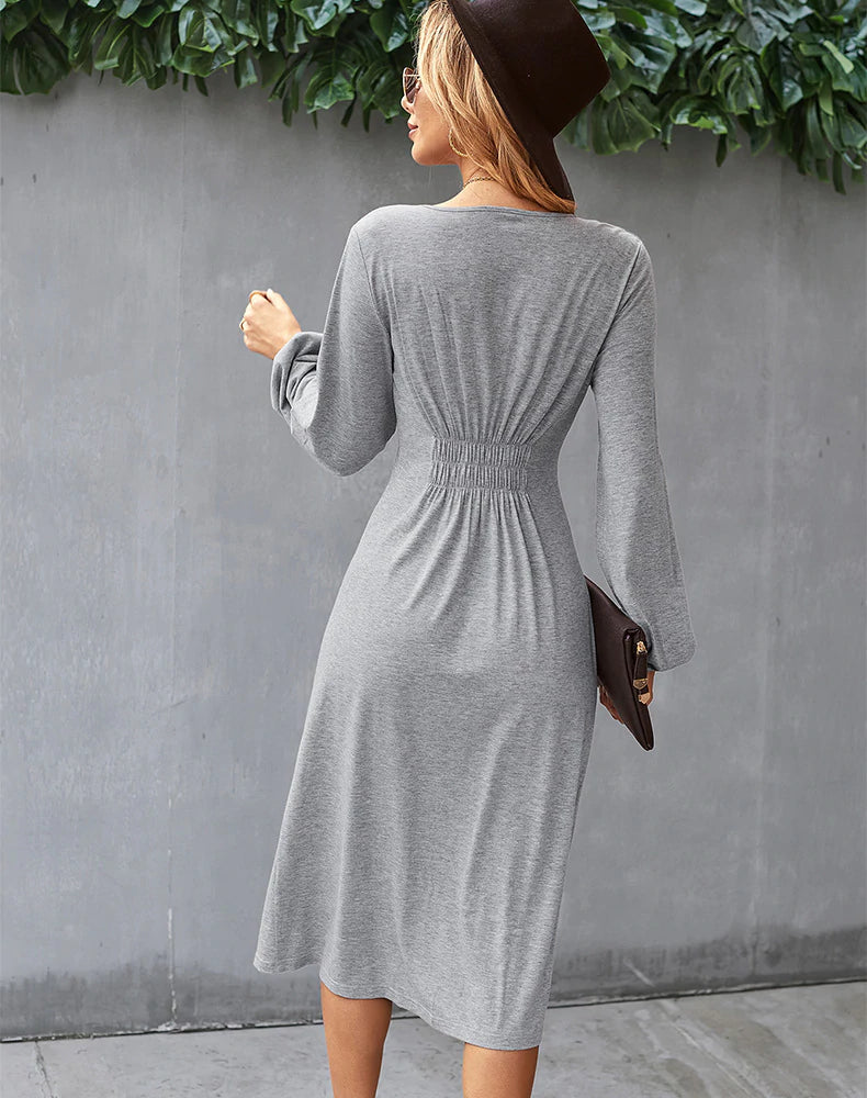 V-Neck Long-Sleeve Button-Front Fit-and-Flare Midi Dress 4