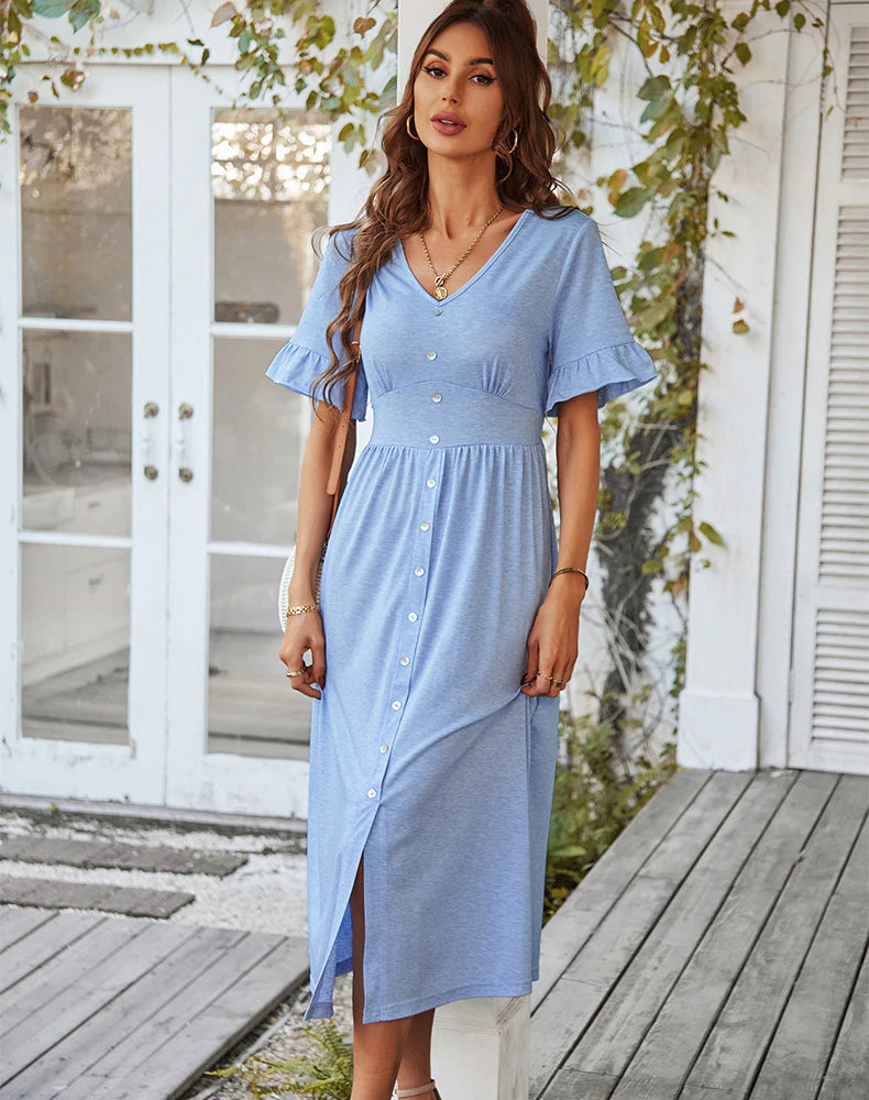 Knit V-Neck Button-Front Flutter-Sleeve A-Line Midi Dress 4