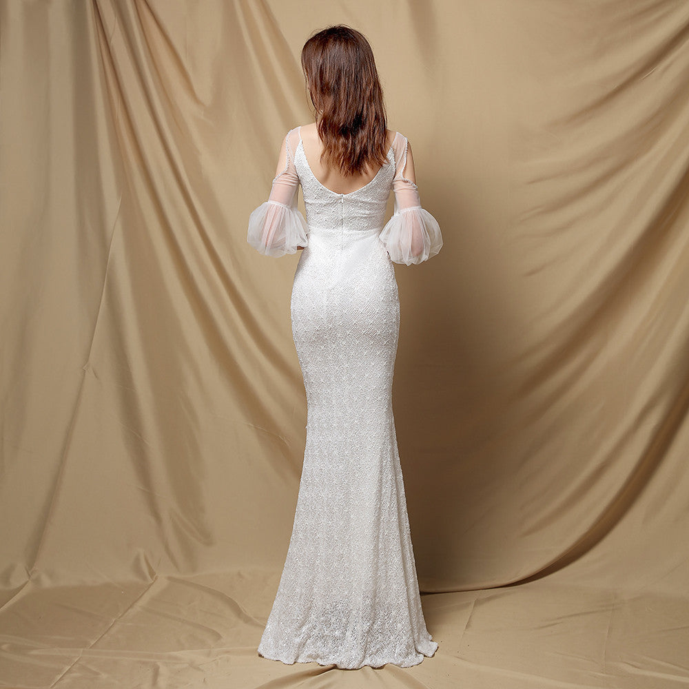 Embellished V-Neck Puff Sleeve Mermaid Gown
