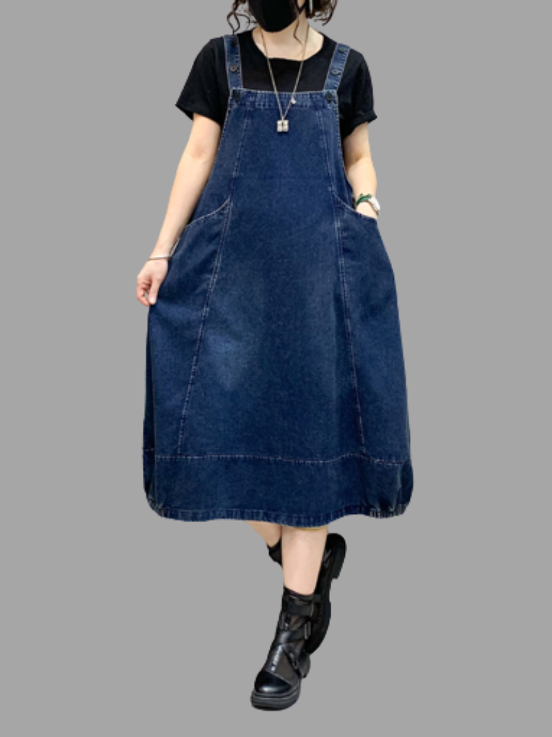 Denim Mid-Length Over-The-Knee Casual Salopette Dress - Fashionpara