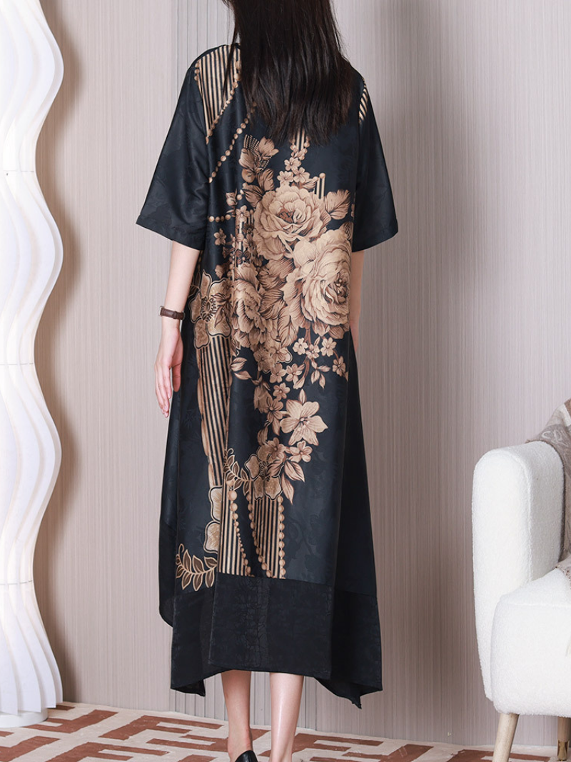 Floral Print Round Neck Contrast-Hem A-Line Midi Dress 3