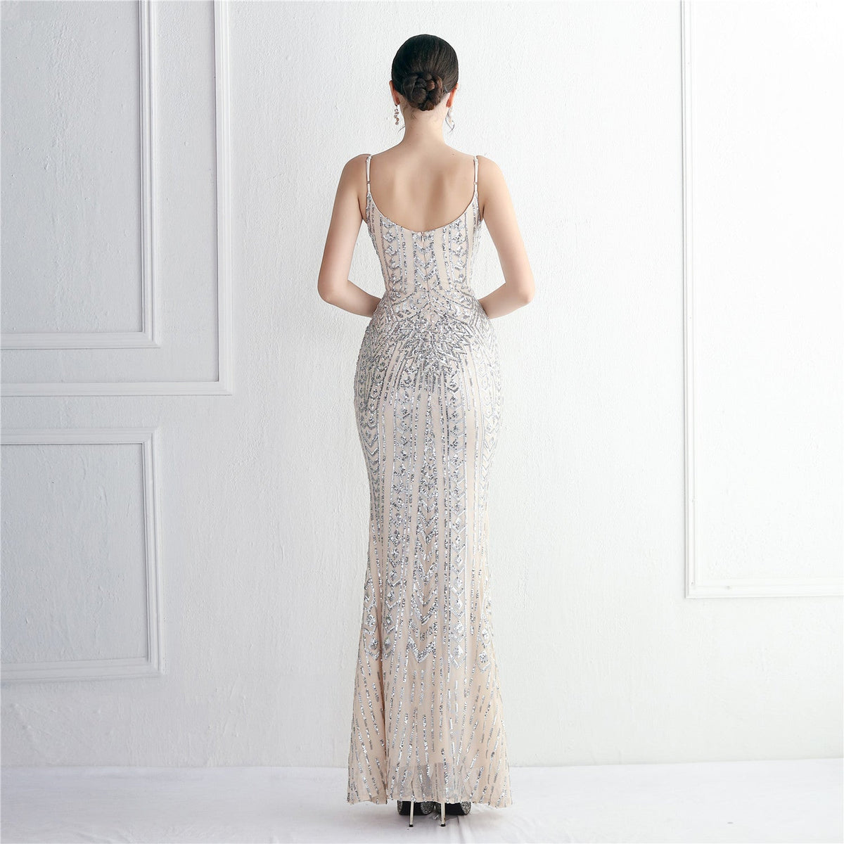 Sequin V-Neck Spaghetti Strap Mermaid Maxi Gown 9