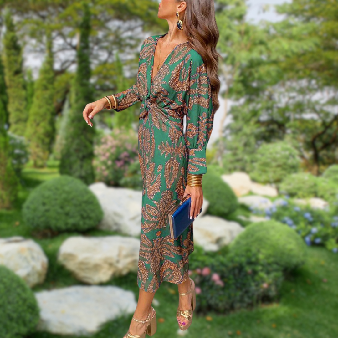 Paisley Print Deep V-Neck Knot Waist Balloon Sleeve Midi Dress
