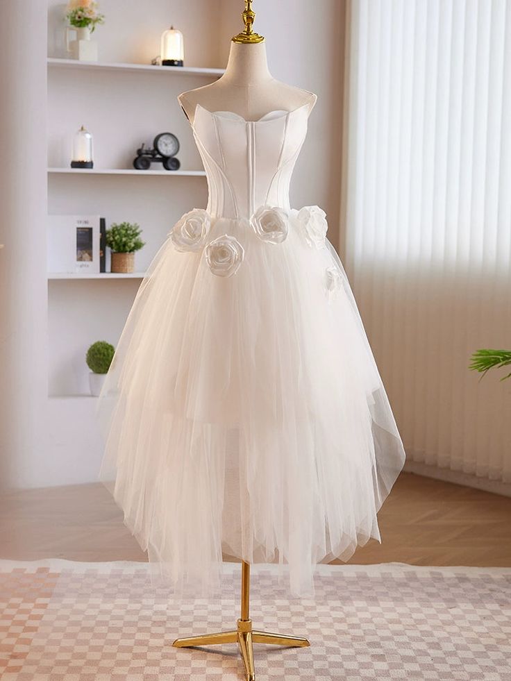 Unique White Tulle Satin Short Prom Dress, White Homecoming Dress - Fashionpara