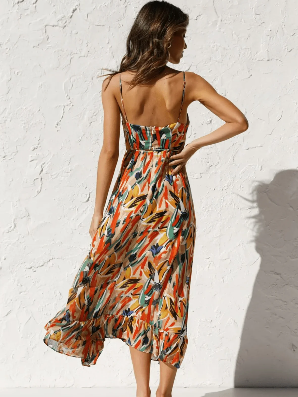 Abstract Print Spaghetti Strap V-Neck Tiered Midi Dress 2