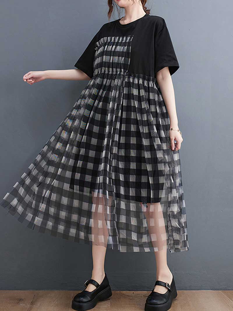 Plaid Round Neck Short Sleeves Smock Dress - Fashionpara