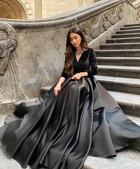 Black Lone Sleeves A-Line Prom Dresses - Fashionpara