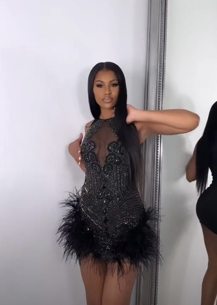 New Design Black Short Prom Dress Luxury Beaded Feather Birthday Party Cocktail Gowns - Fashionpara