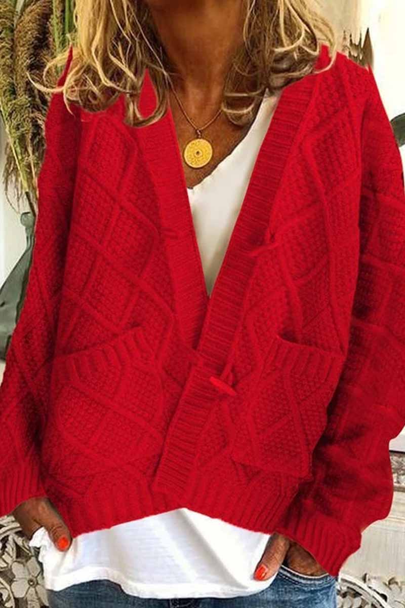 Florcoo Ribbed Horn Buckle Cardigan with Pockets - 4 Colors