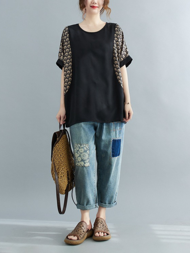 Look At The Sky Round Neck Loose Top - Fashionpara