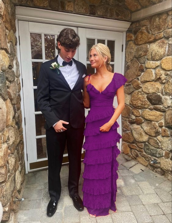 long red prom dresses, sexy lace evening dress with slit - Fashionpara