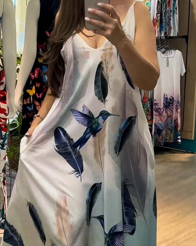 Casual Feather Print Dress - Fashionpara