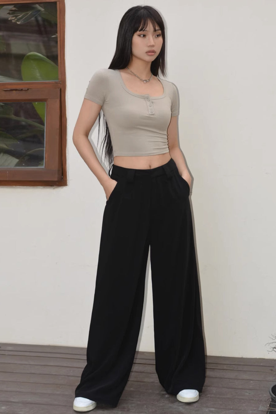 Zip Up Pocket Side Wide Leg Pants