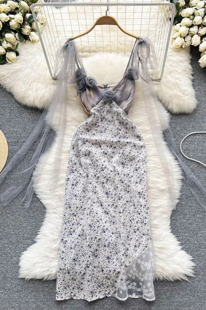 Romantic Lace Patchwork Party Dress Elegant High Waist Floral Print Bandage Long Dress