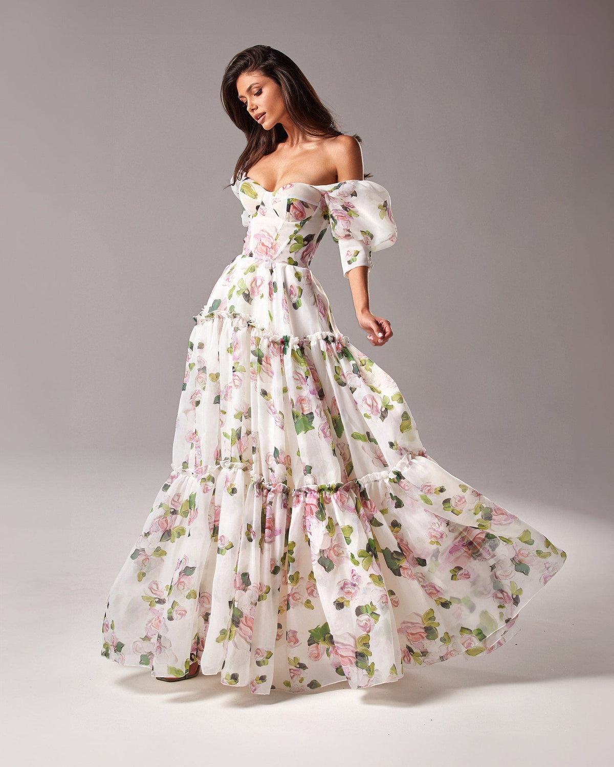 Floral Off Shoulder Puff Sleeve Tiered Maxi Gown