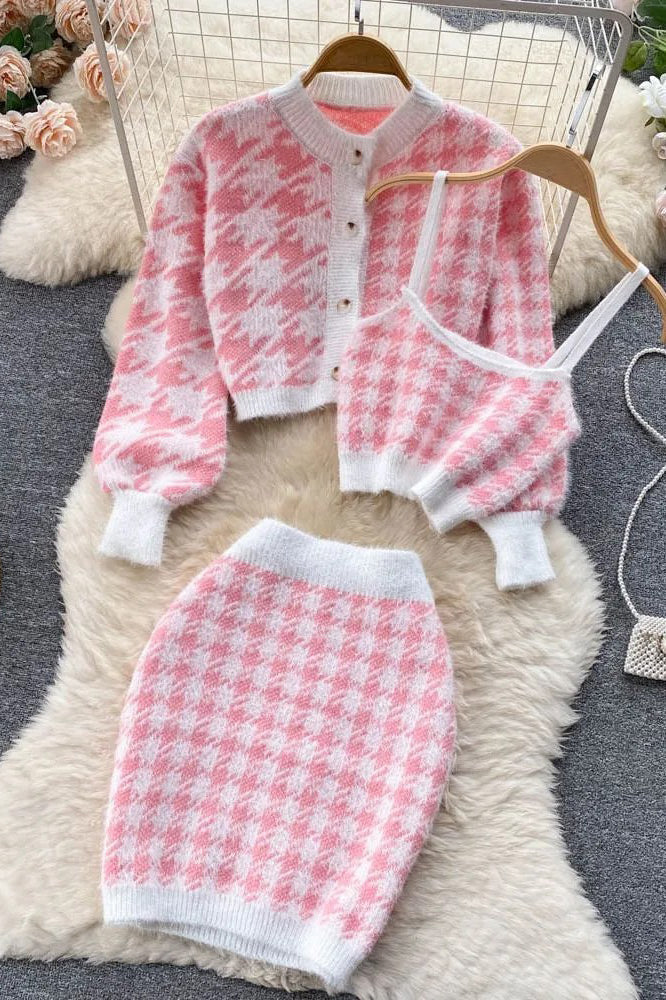 Chic Three-Piece Knitted Set with Cardigan and Mini Skirt