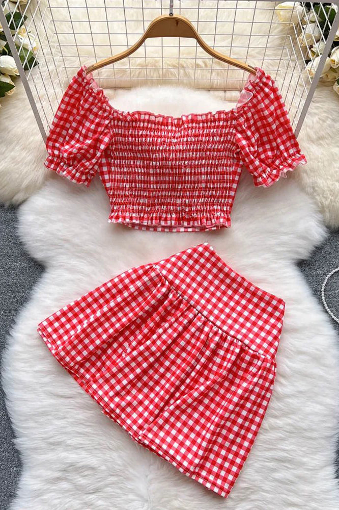 Set Sweet Bow Plaid Crop Tops + Slim High Waist Mini Skirts Two Piece Suits