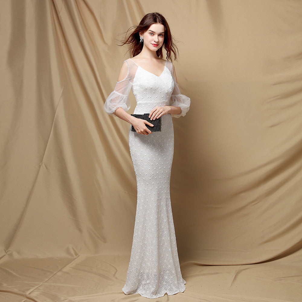 Embellished V-Neck Puff Sleeve Mermaid Gown