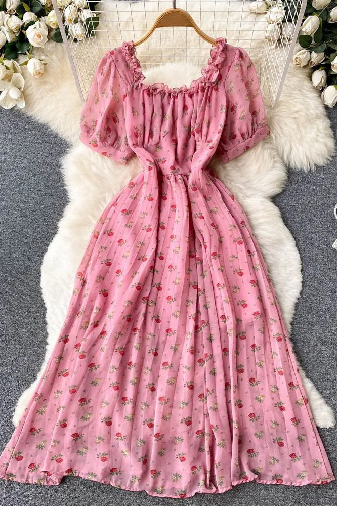 Romantic Floral Print Square Collar Ruffles Pleated Dress Long Sundress