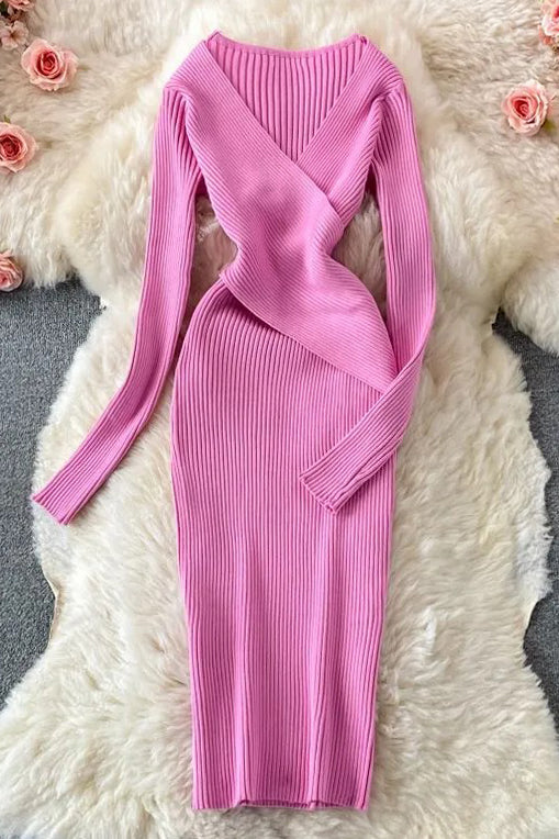 Elegant Cross V-neck Slim Waist Knitted Bodycon Dress