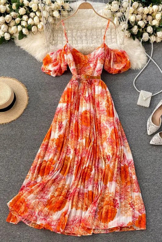 Off Shoulders Puff Sleeve Holiday Beach Long Dress Floral Print Female Dress