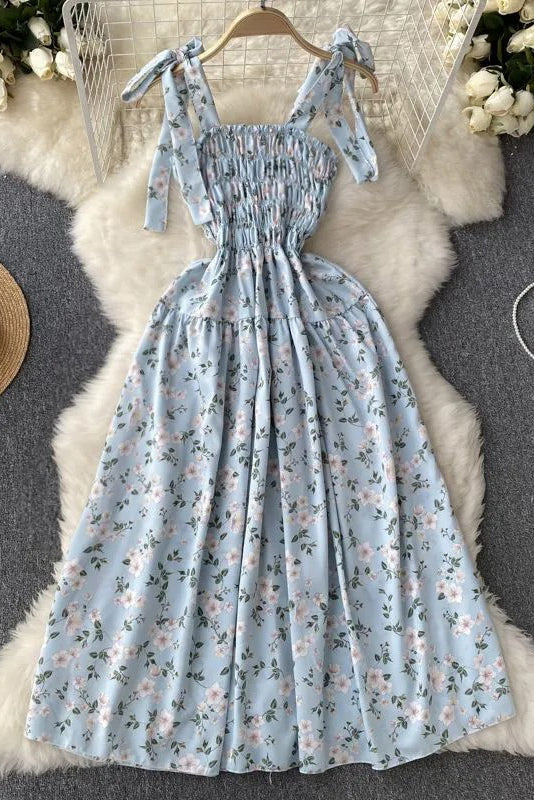 Romantic Floral Print Bandage Straps Dress Vacation Beach Long Dress