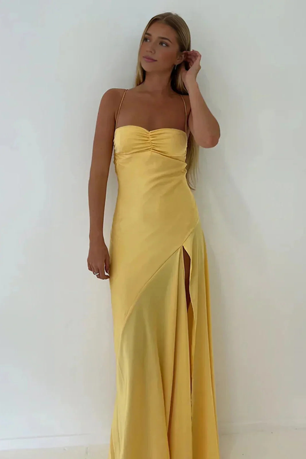 Simple Sheath Spaghetti Straps Pink Long Party Dress with Split Front