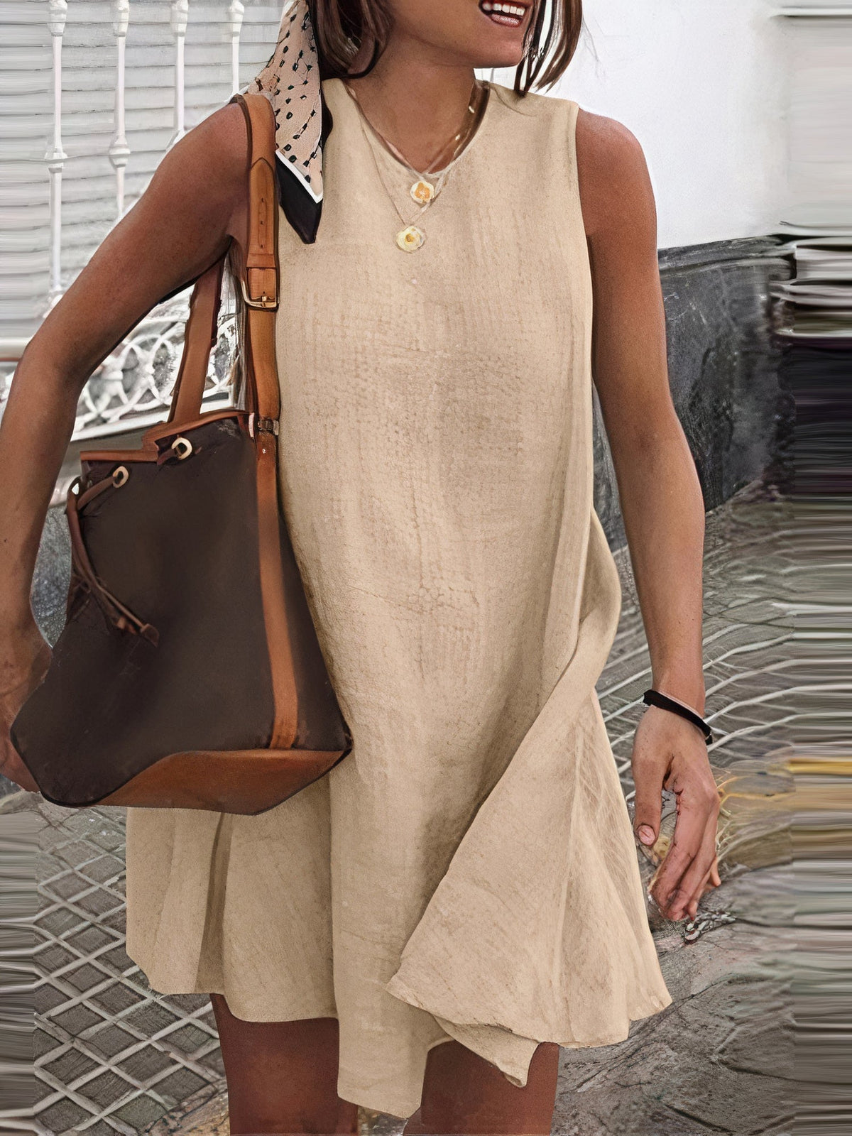 Sleeveless Round Neck Textured Woven Shift Mini Summer Dress