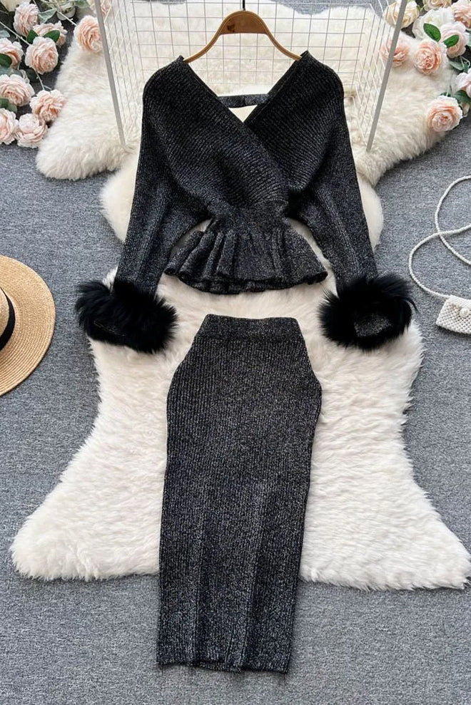 Elegant Ruffled Sweater and High Waist Skirt Set - Z159