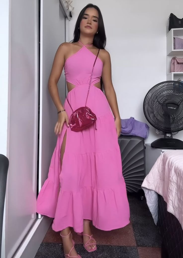 A Line Pink Halter Simple Formal Dress New Arrive Party Dress Evening Dress - Fashionpara