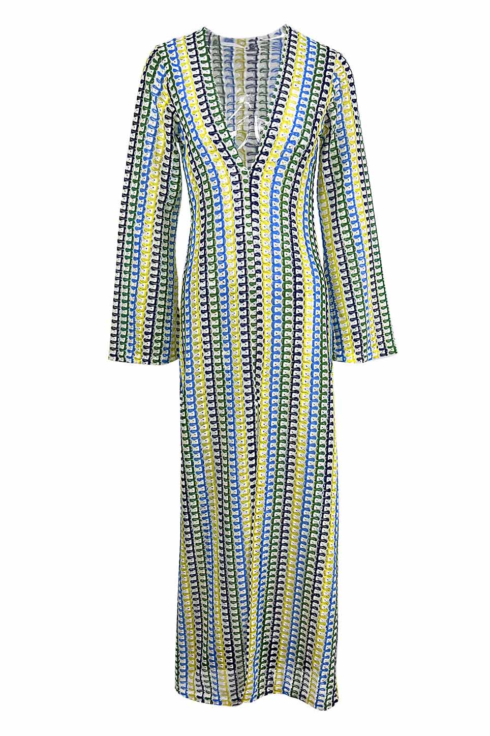 Crochet Deep V-Neck Long Sleeve Striped Boho Maxi Dress - View 16