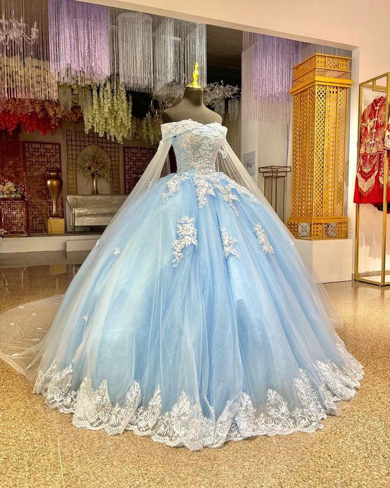Gorgeous Blue Quinceanera Dresses With Cape Luxury Flowers Corset Ball Gown Princess Birthday Party Dress Sweet 15 Vestios Gala - Fashionpara