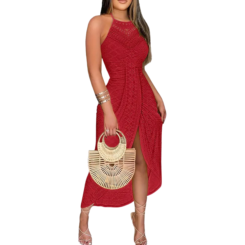 Lace Halter Neck Sleeveless High Split Midi Dress 2