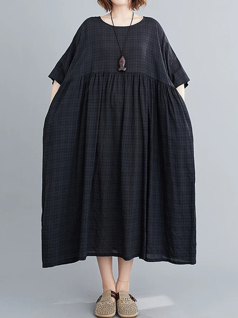 Plaid Round Neck Short Sleeve Smock Midi Dress 2