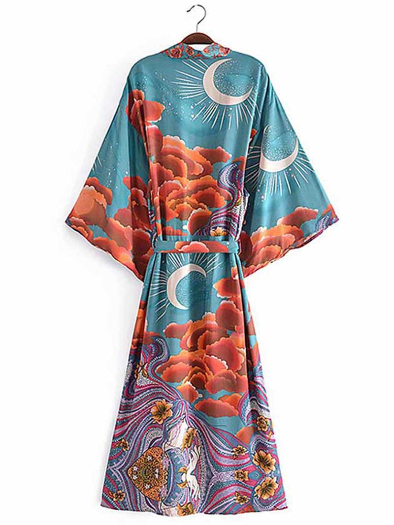 Partywear Floral With Moon Print Green Color Silk Long Length Gown Kimono Duster Robe - Fashionpara