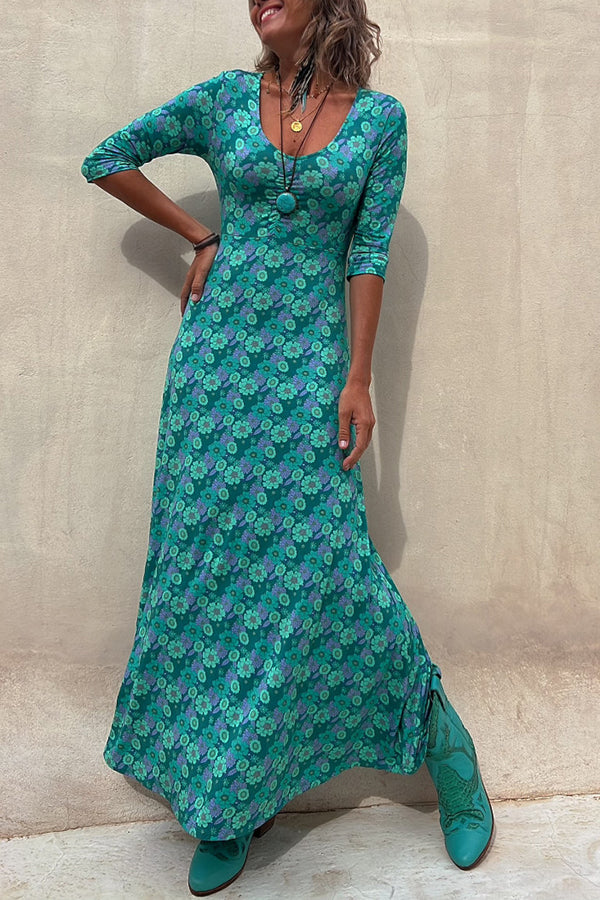 Floral Half Sleeve Elastic Maxi Dress - Fashionpara