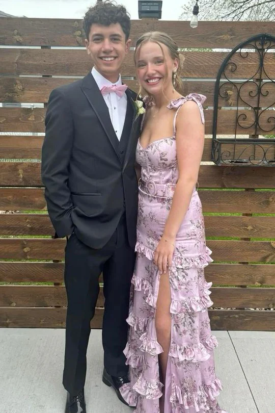 Elegant Double Straps Print Sleeveless Ruffles Prom Dress with Slit - Fashionpara