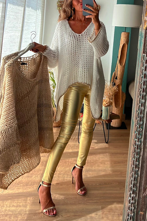 V Neck Dolman Sleeves Irregular Casual Sweater - Fashionpara