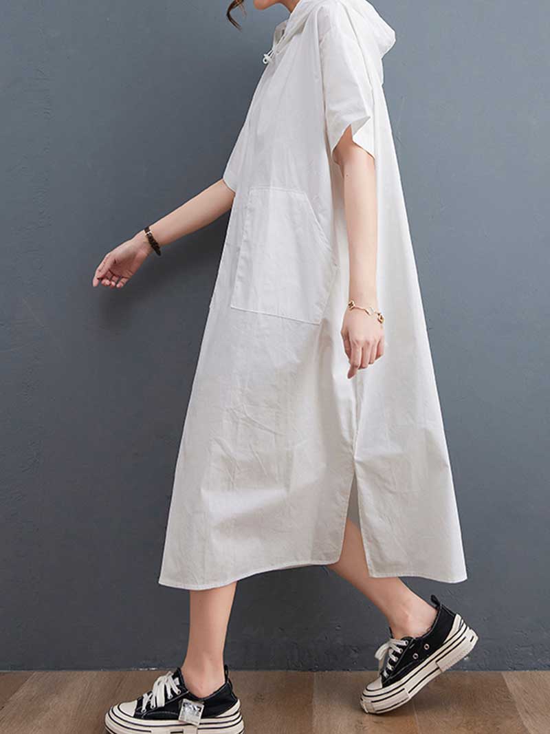 Hooded Plain Double Side Pocket Mid Dress - Fashionpara