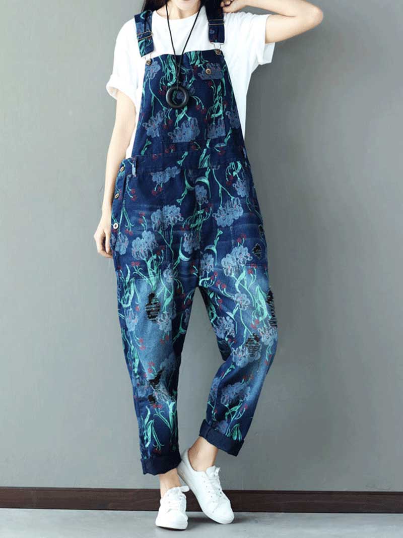 Reality Is Wrong Ripped Printed Straps Denim Overall Dungarees - Fashionpara