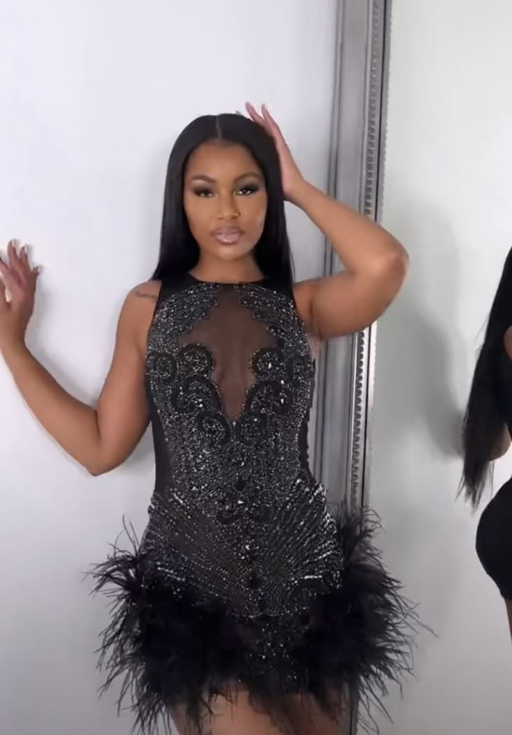 New Design Black Short Prom Dress Luxury Beaded Feather Birthday Party Cocktail Gowns - Fashionpara