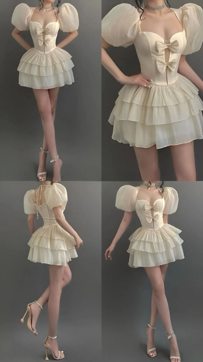 A Line Puffy Sleeves Short Evening Dress Cocktail Dresses Short Party Dress - Fashionpara