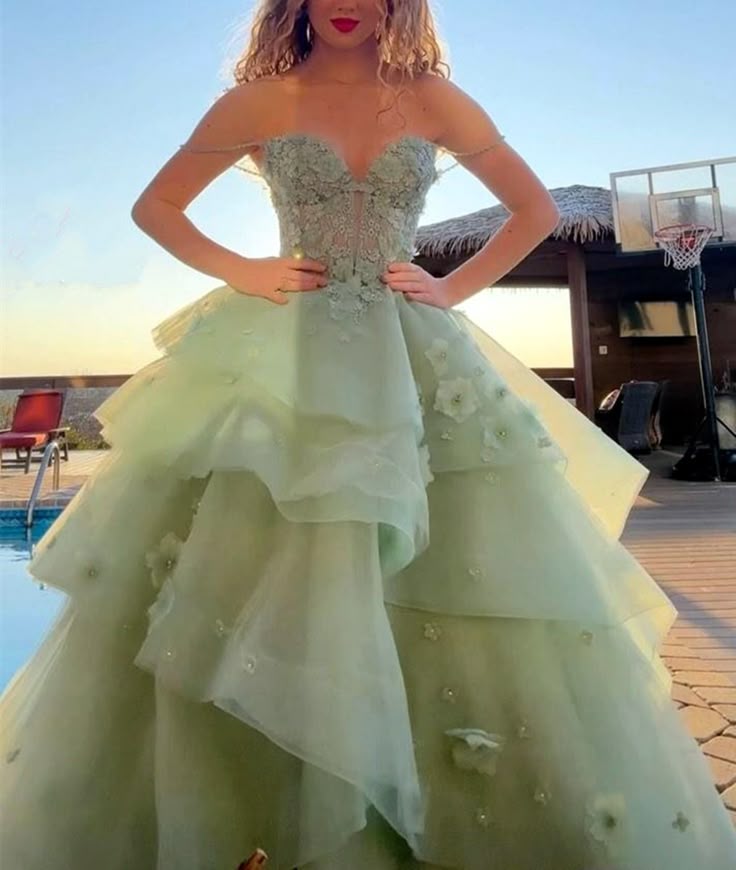 Ball Gown Sage Green Prom Dress Long Tiered Tulle Evening Dress - Fashionpara