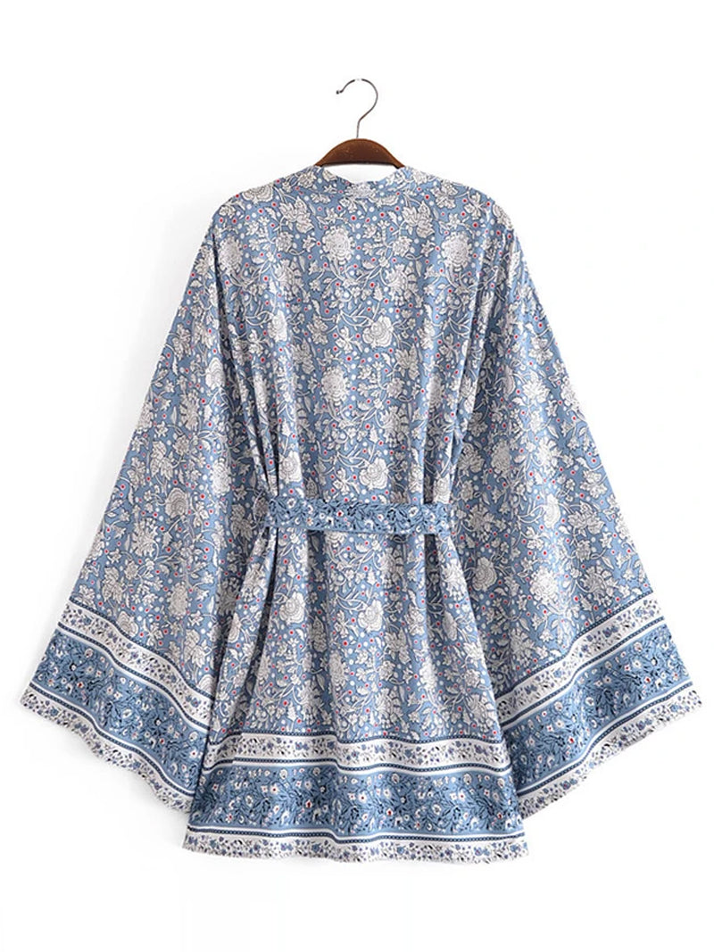 Beachwear Leaf Print Blue Color Cotton Short Length Gown Kimono Duster Robe - Fashionpara