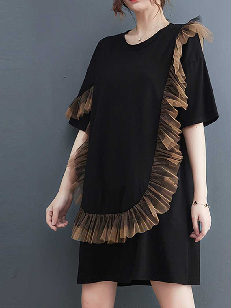 Plain With Frill Style Short Sleeves Midi Dress 4