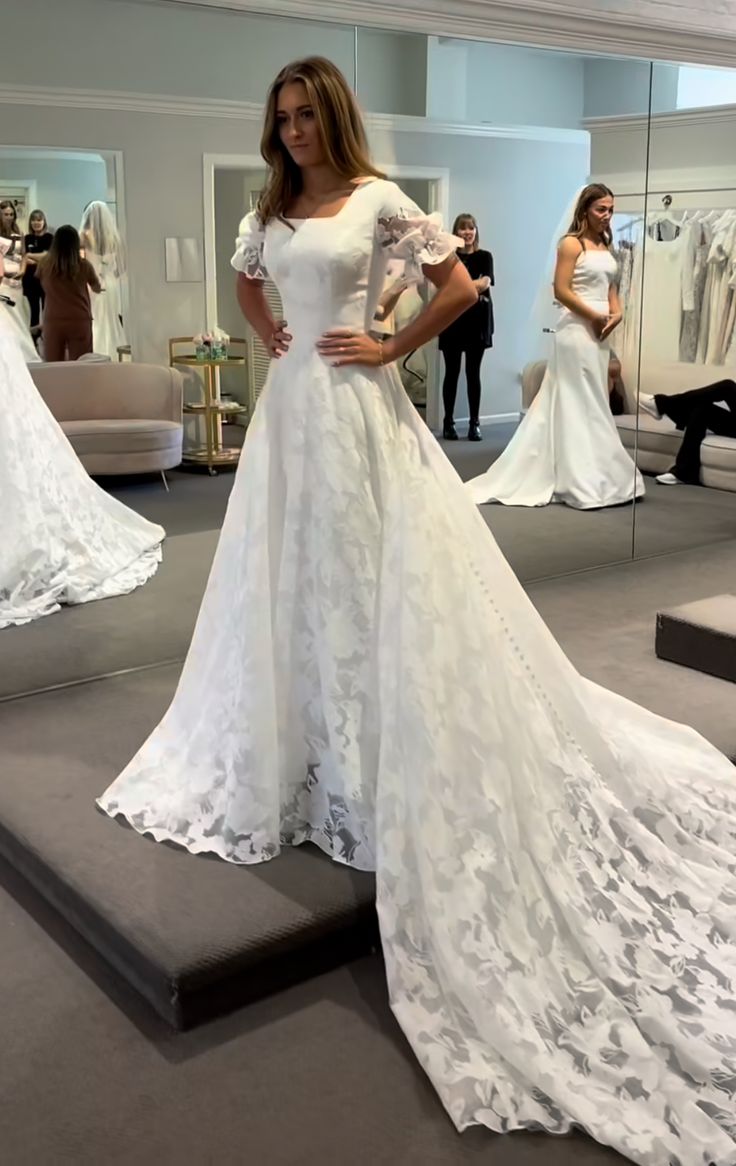 A Line White Square Neck Long Princess Wedding Dress