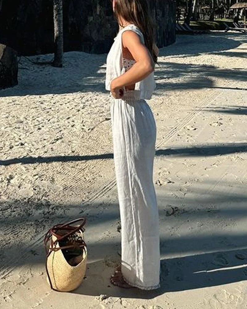 Casual Solid Lace-Up Vest & Pants Two-Piece Set - Fashionpara