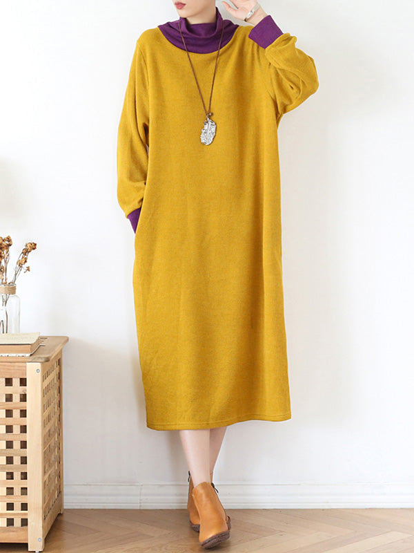 Knit High-Neck Long-Sleeve Loose Sweater Midi Dress 2