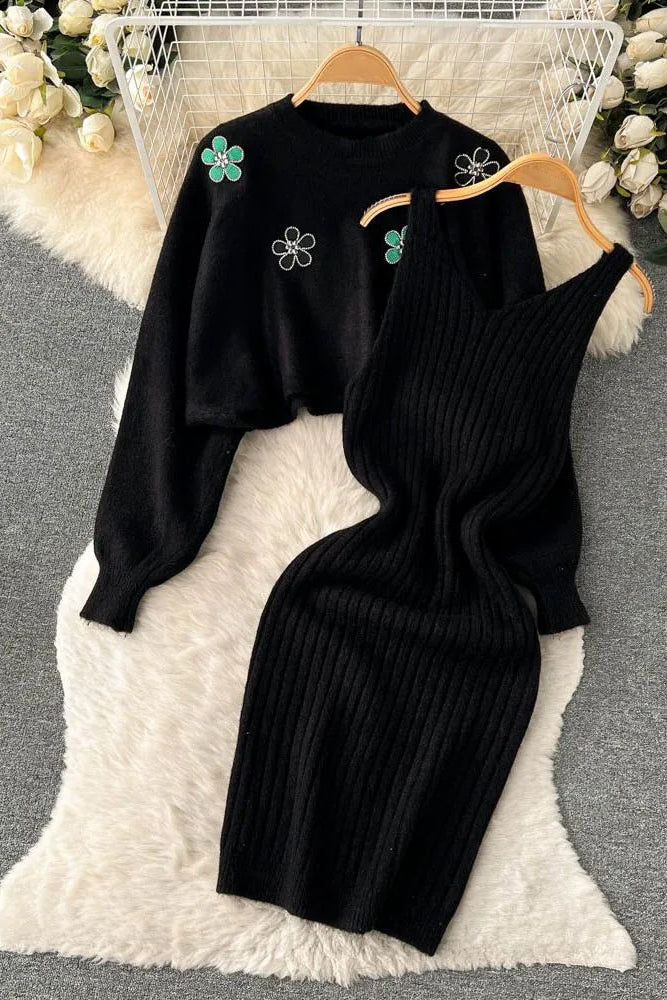 Orro Shop Elegant Two Piece Floral Embroidery Sweater Set